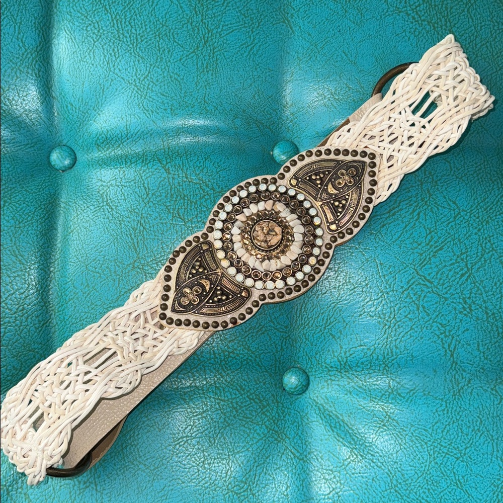 Statement belt cream braided bold embellished boho western Leatherock size 34
